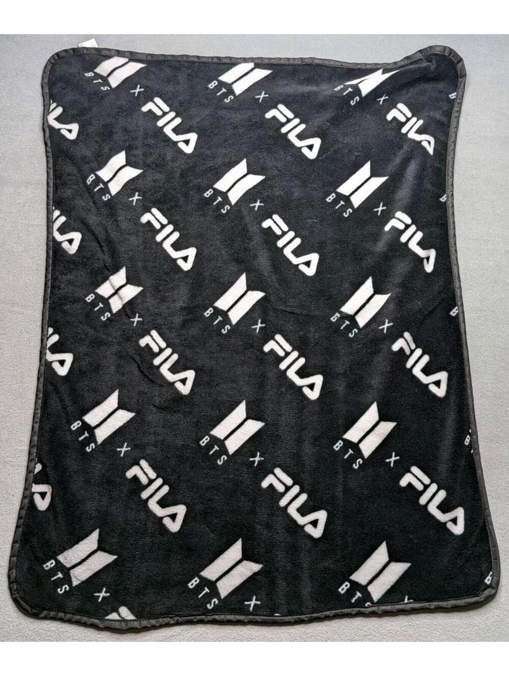 FILA BTS Logo Fleece Throw Blanket 28x28 Black Soft Plush Modern K-Pop Bedding